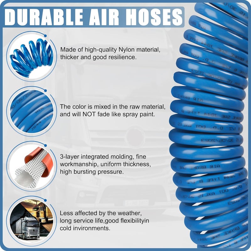 Ailbiuko Semi Truck Air Brake Line Hose Coil Assembly Coiled Set Airline Kit Blue Red Pigtail Air Hose for Tractor Trailer,1/2" NPT DOT Fittings (15' Length x 40" Tractor Lead) - Image 3